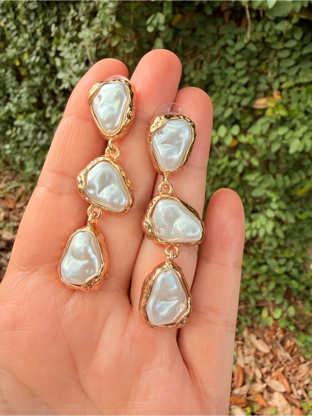 Drop Gold Triple White Baroque Pearl Drop Earrings - Picture 3 of 9